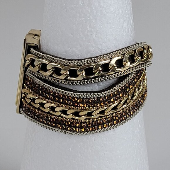 Gold-Tone Multi Chain Charm Leather Cuff Bracelet 7 In Magnetic Clasp - Picture 5 of 13